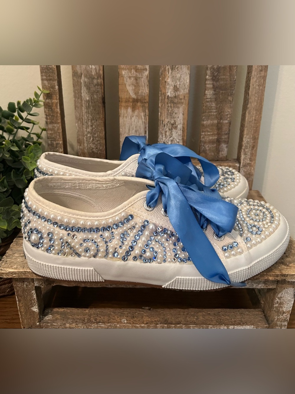 Custom Superga Sneakers: Pearl and Blue Rhinestones Size EUR 37.5 US 7
